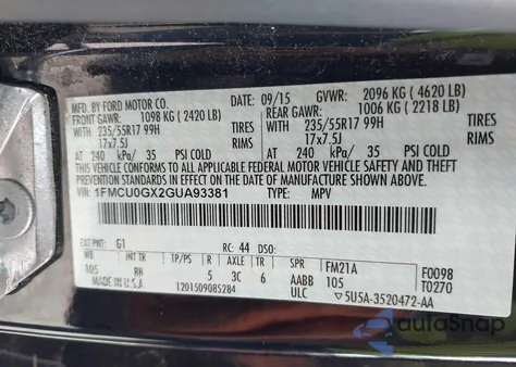 2016 Ford Escape Se z USA, uszkodzony, nr VIN 1FMCU0GX2GUA93381